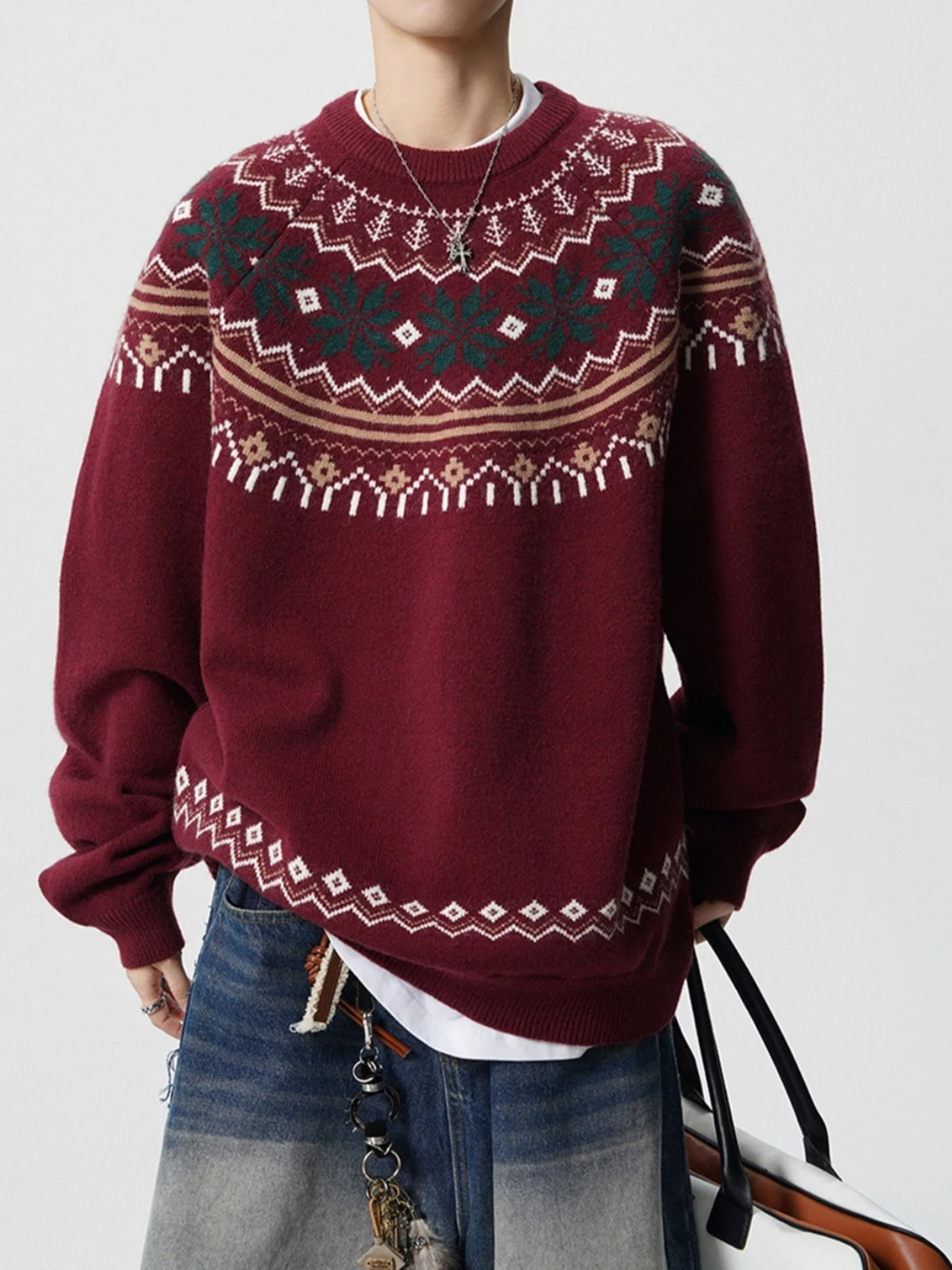 

Ретро-свитер в американском стиле с круглым вырезом и узором Fair Isle, мужской, осенне-зимний, модный, красный, новогодний, парный топ