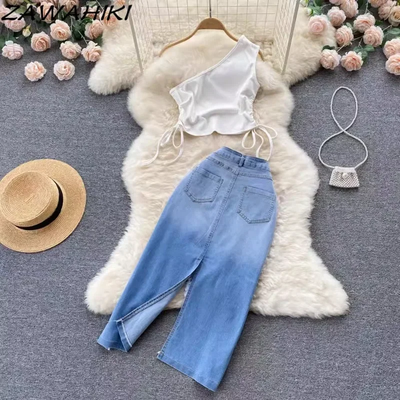 Y2k Summer Two Piece Set Women Drawstring Irregular Sloping Shoulder Vest + Split Denim Skirt Preppy Fashion Casual Ropa Mujer