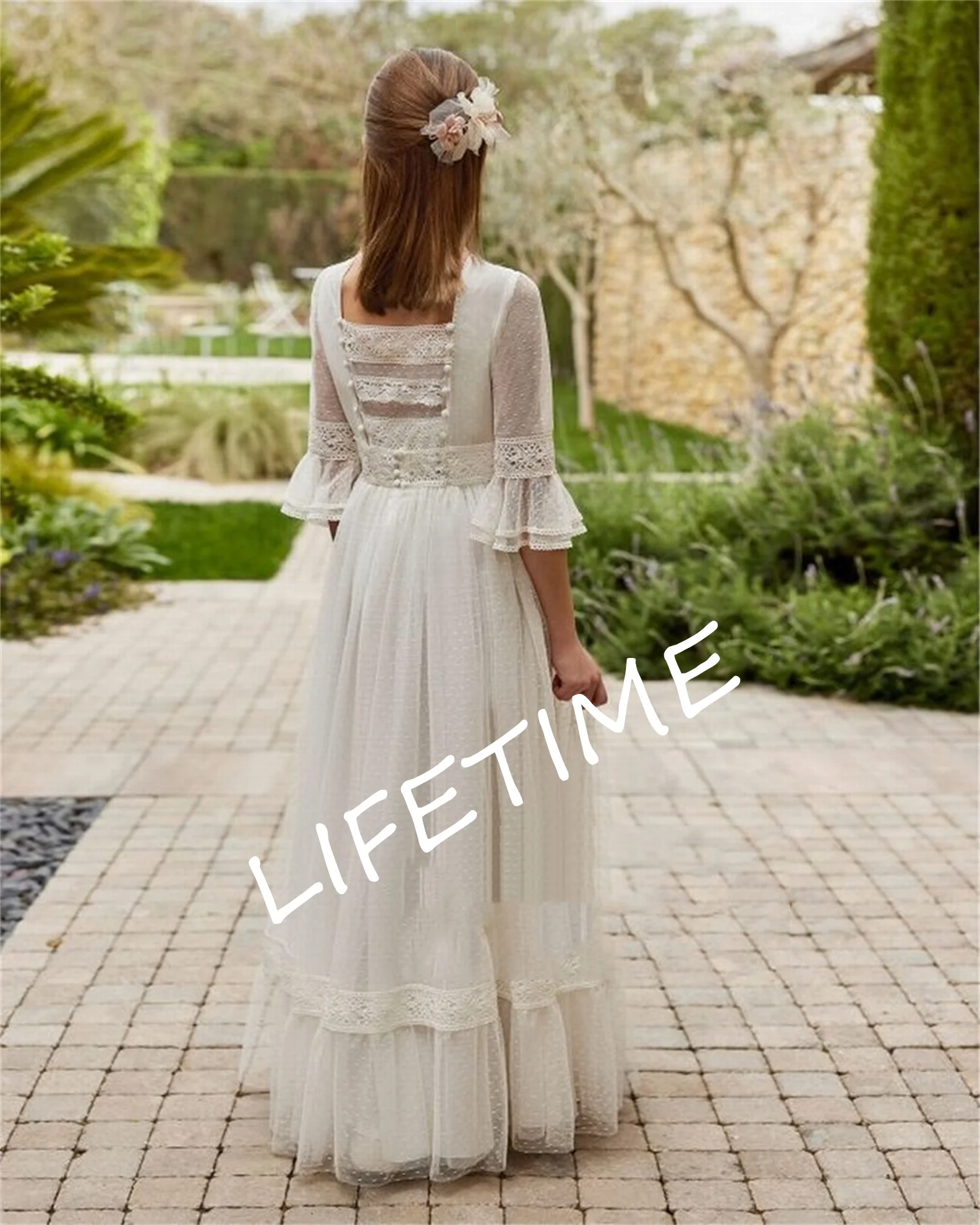 Elegant O-Neck Half Sleeve Wedding Party Formal Occasion Lace Flower Girl Dress