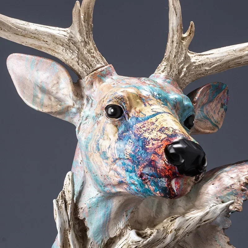 [Craft] Unique Large abstract Art Colorful Graffiti Deer Head model Statue Painted Deer Head resin home Decoration room ornament