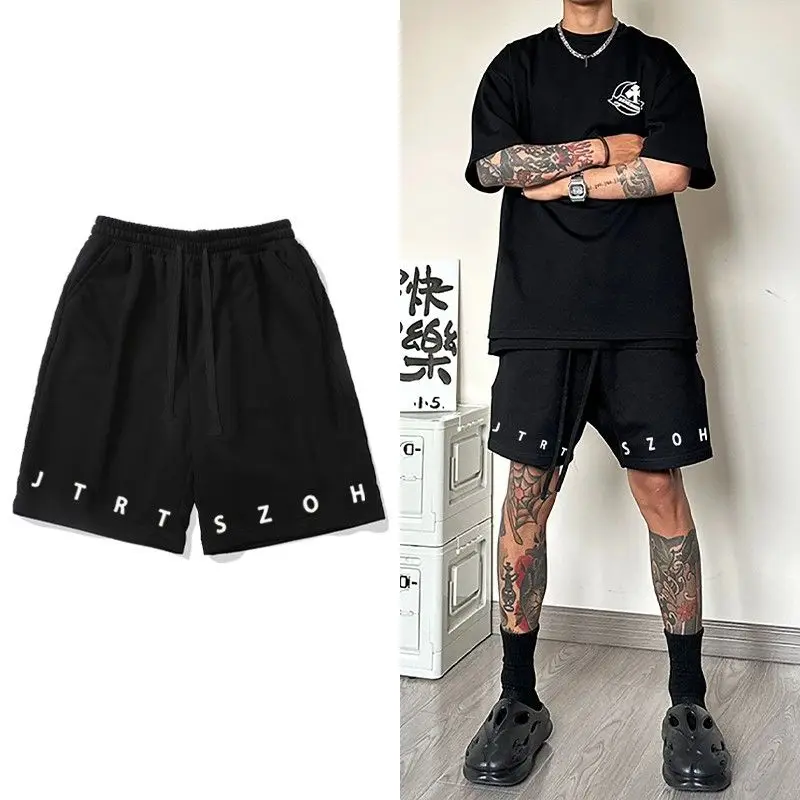

Винтажные мужские шорты в американском стиле с буквенным принтом, черные, повседневные, летние, для баскетбола, спортивные, ретро, плотные, длиной до колена