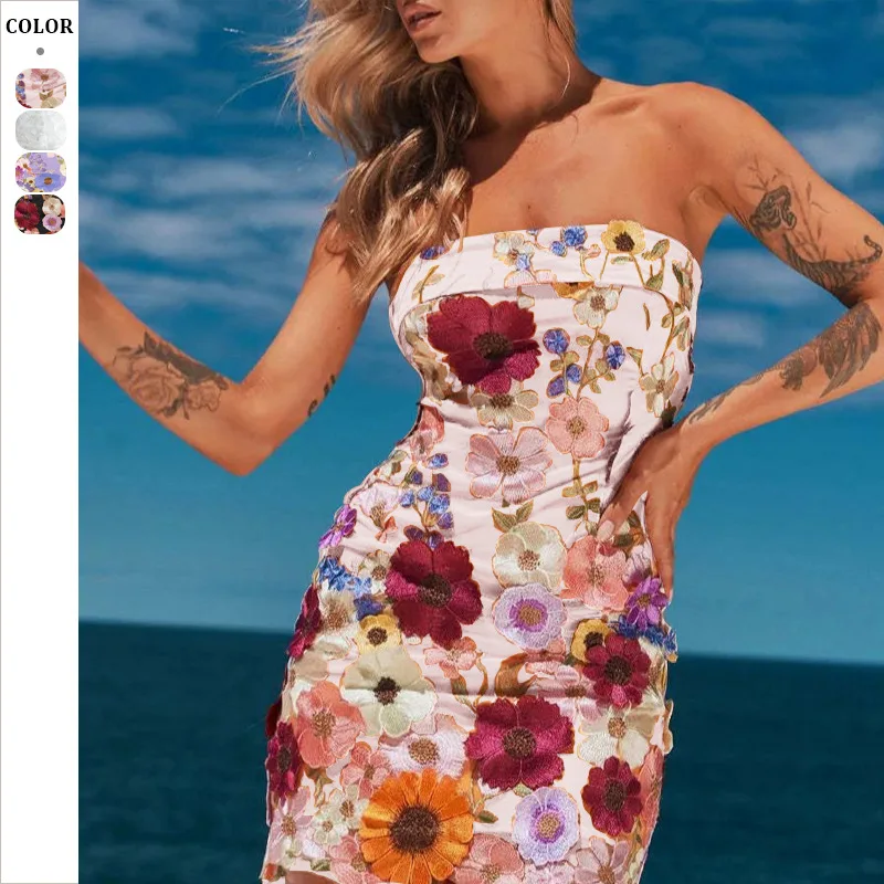 

Sexy One Neck Strapless Dress With Colorful Three-Dimensional Flower Embroidery, Off Shoulder Slim Fit, Hip Hugging Skirt