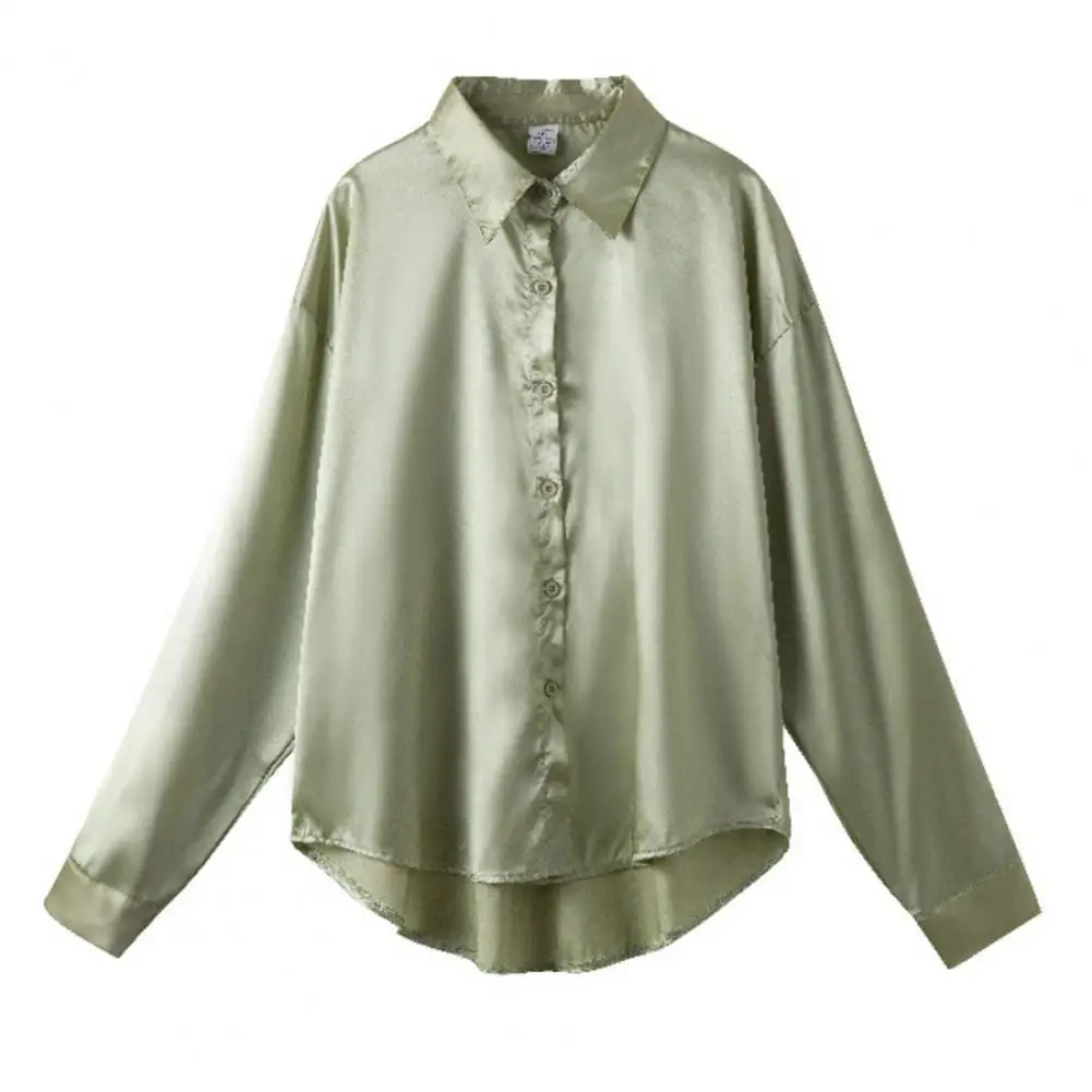 Satin Shirt Womens Clothing Silk Shirts Vintage Blouse Office Lady Sheer Top Lapel Single-breasted Solid Women Shirt Blouse