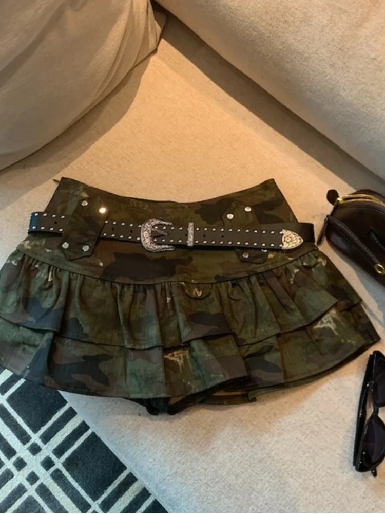 

High Waist A-Line Skirt Women's Faion Spring Autumn Lace-Up Camouflage Cake Skirt Anti-Light ort Skirt
