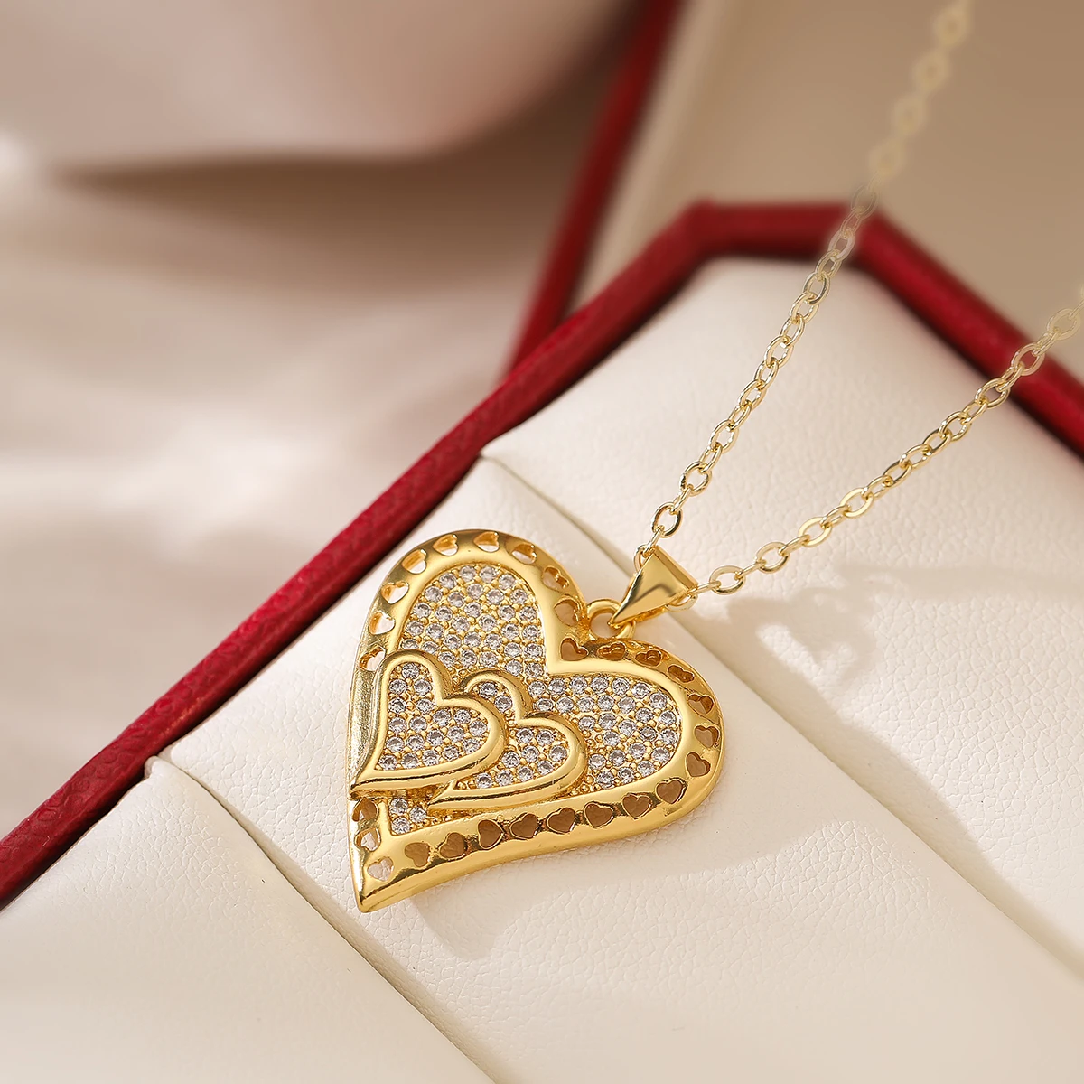 Delicate AAA CZ Zircon Inlay Gold Color Heart Pendant Necklaces For Women Party Jewelry Accessories