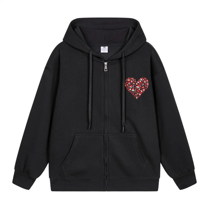 

Men's Zip-Up Hoodie Black Hoodie Black Hoodie With Red Heart Pattern On Front Christmas in 2025 Festive Print