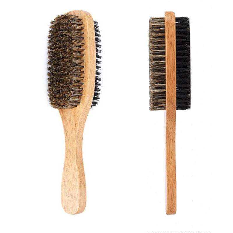 Escova de barba masculina dupla face, salão de beleza, limpeza de barba, cabo de madeira, cerdas de javali, bigode, cabeleireiro, pente de barbear, estilo de cabelo