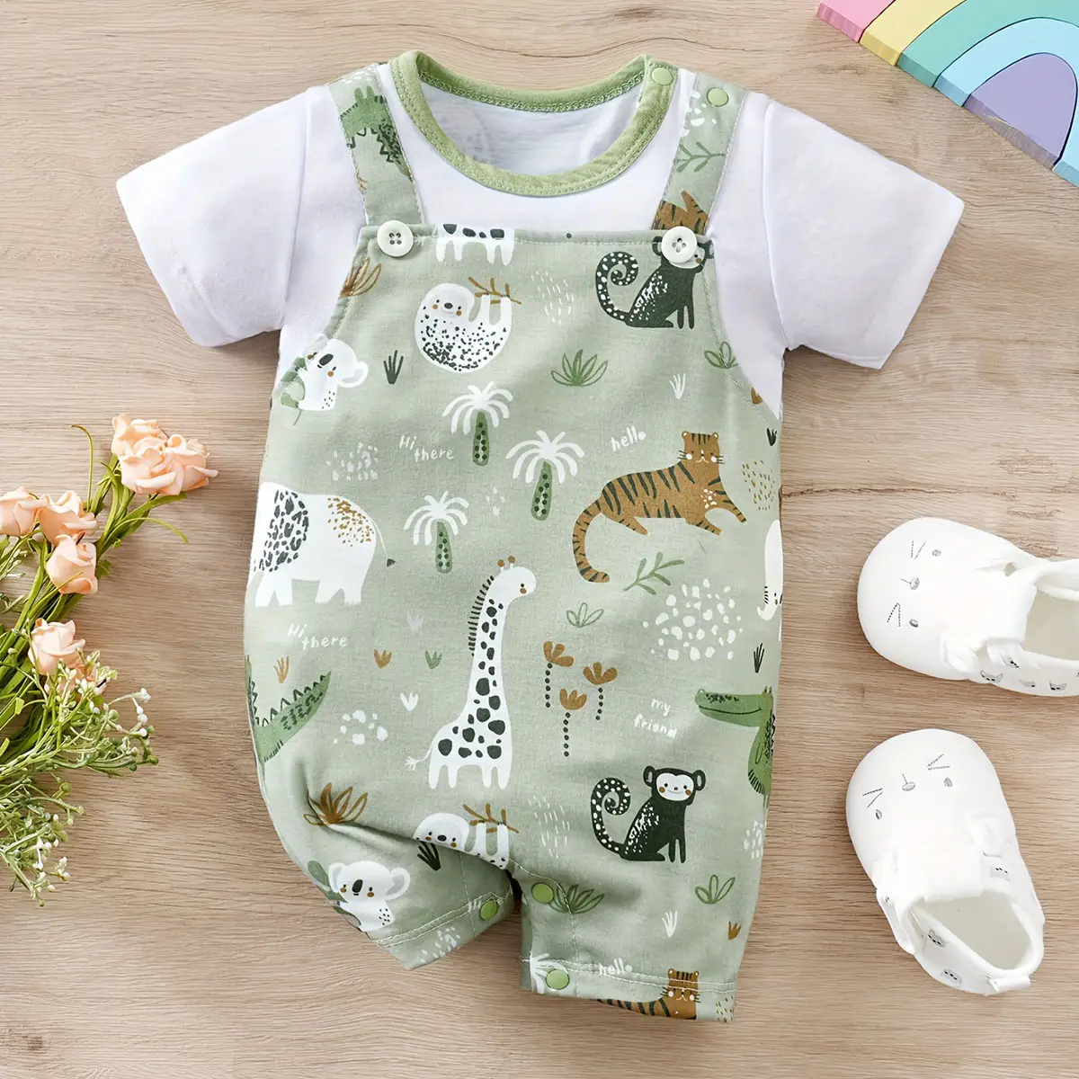 IURNXB-Romper infantil de estampa animal zoológico para bebê recém-nascido, bodysuit falso de duas peças com mangas curtas, casual, adorável