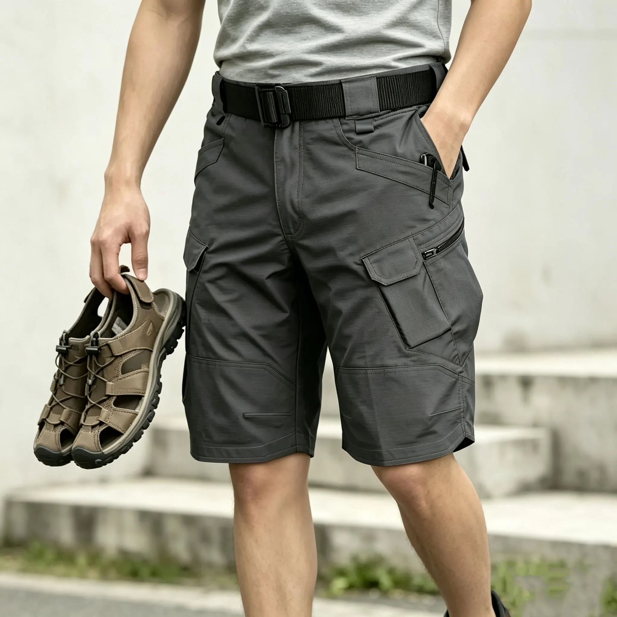 Mens Retro Minimalist Casual Hiking Cargo Shorts Water Washed Oversized Straight Leg Shorts with Big Pockets Elastic Waist