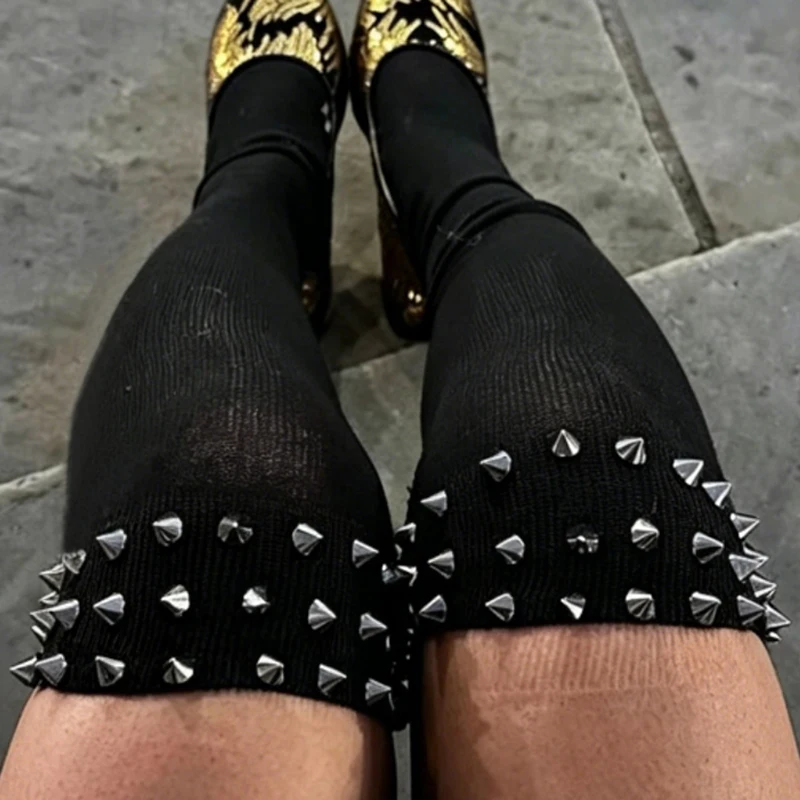 Fashionable Punk Elastic Black Over The Knee Socks High Spike Rivet Decoration Border Subculture Y2K Streetwear Long Tube Socks