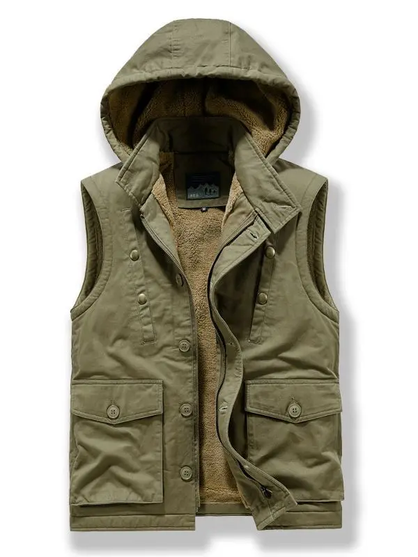 N1 Men Warm Cargo Winter Vest Fleece Lined Thermal Thick Waistcoats For Male Tops Plus Size M-4XL Solid Color