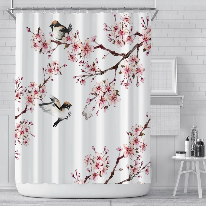 Pink Floral Shower Curtain Liner Asian Japanese Style Flower Cherry Blossoms Shower Curtain Waterproof 3D Print Bath Curtain