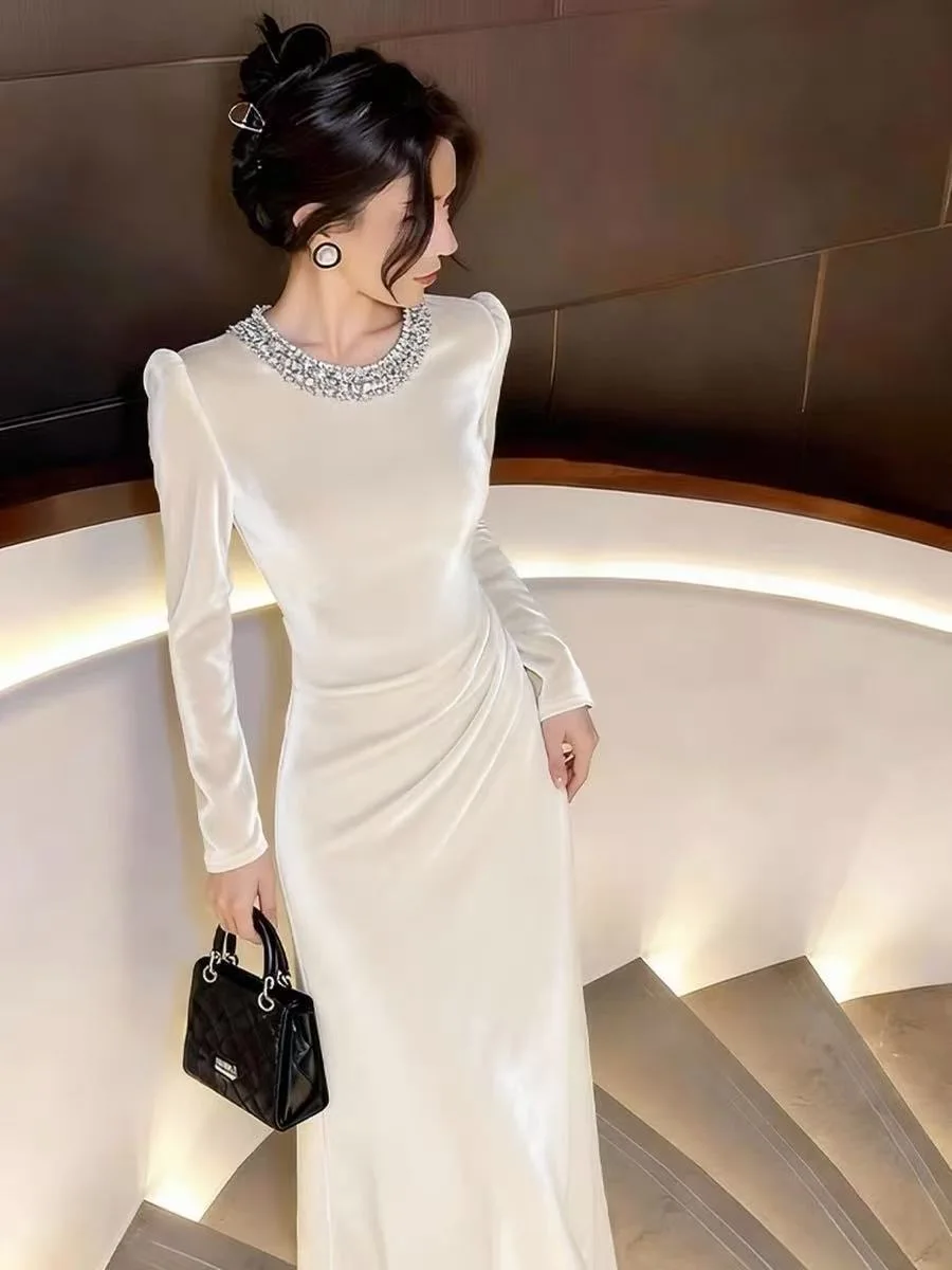 

Комплект Ele White Velvet Dr Thiened: женский модный комплект с длинной юбкой и высокой талией, осенне-зимний сезон, корейский стиль