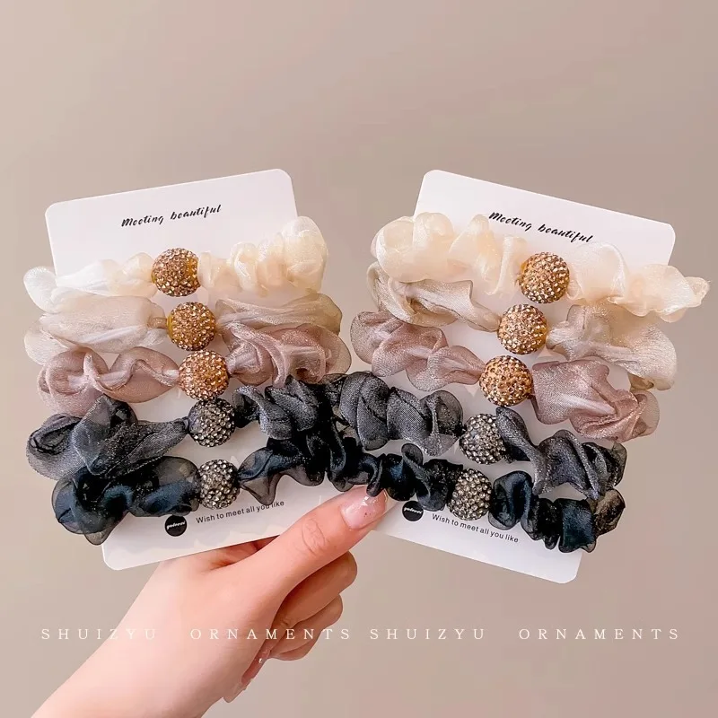 5PCS Women Organza Rhinestone Hair Band Set Simple and Elegant High Ponytail Hair Tie 2024 New High-End Pleated Scrunchie