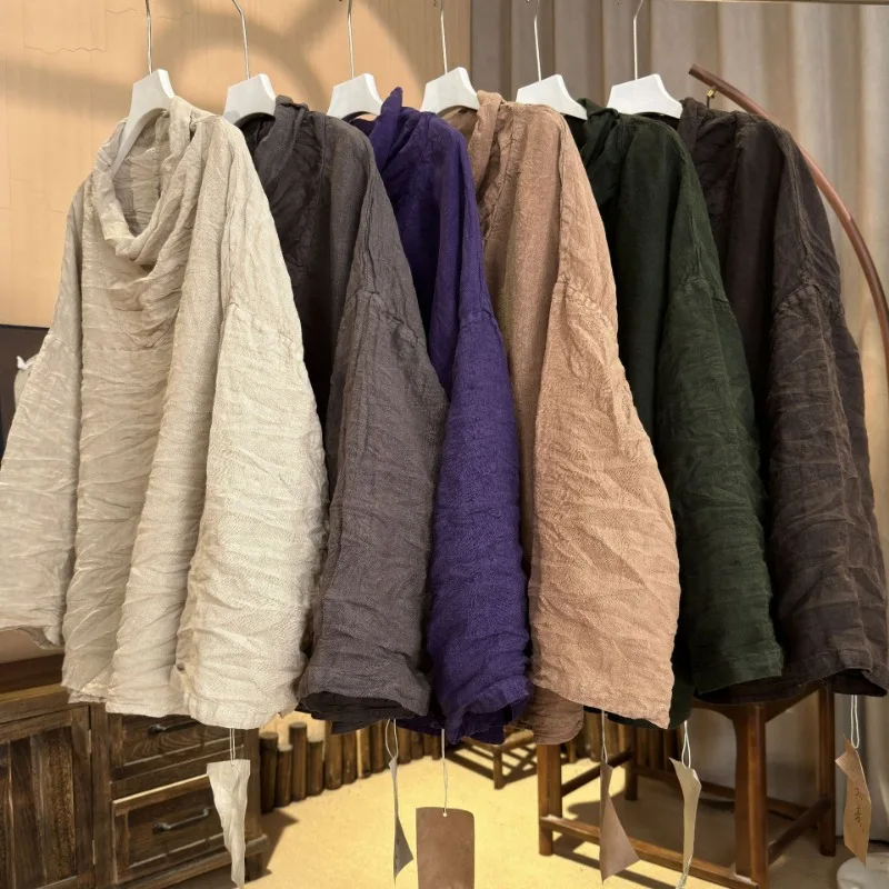 Women Vintage Linen Stand T-Shirts Long Sleeve Top Solid Color High Quality Tees 2026  New Autumn Loose Turtleneck Basic T-Shirt