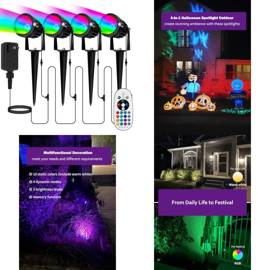 

Spotlight Outdoor for Halloween Christmas: 4-in-1 RGBW Low Voltage Landscape Lighting Kit with Plug-in Transformer 6W 24V IP65