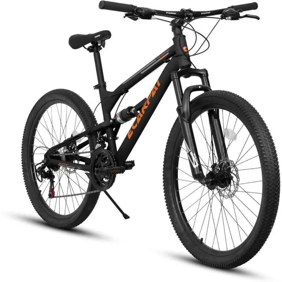 

Full Suspension Mountain Bike with 24 Inch Wheels 21-Speed Gearing System Dual Disc Brakes Thumb Shifter Carbon Steel Frame