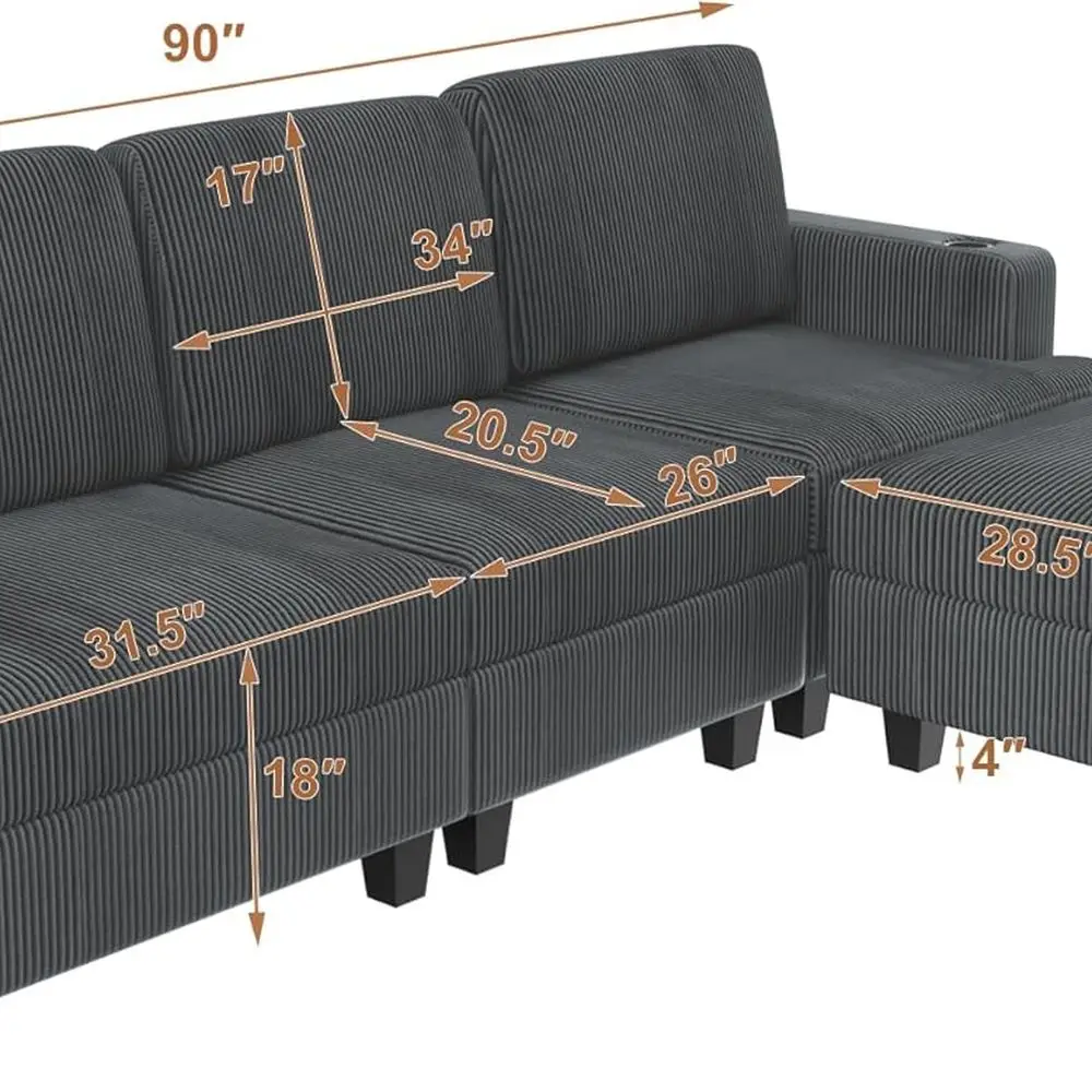 أريكة مقطعية على شكل حرف L باللون الرمادي مع مساحة تخزين وUSB، أريكة سحابية مريحة لغرفة المعيشة وغرفة النوم، تصميم وحدات حديث (3