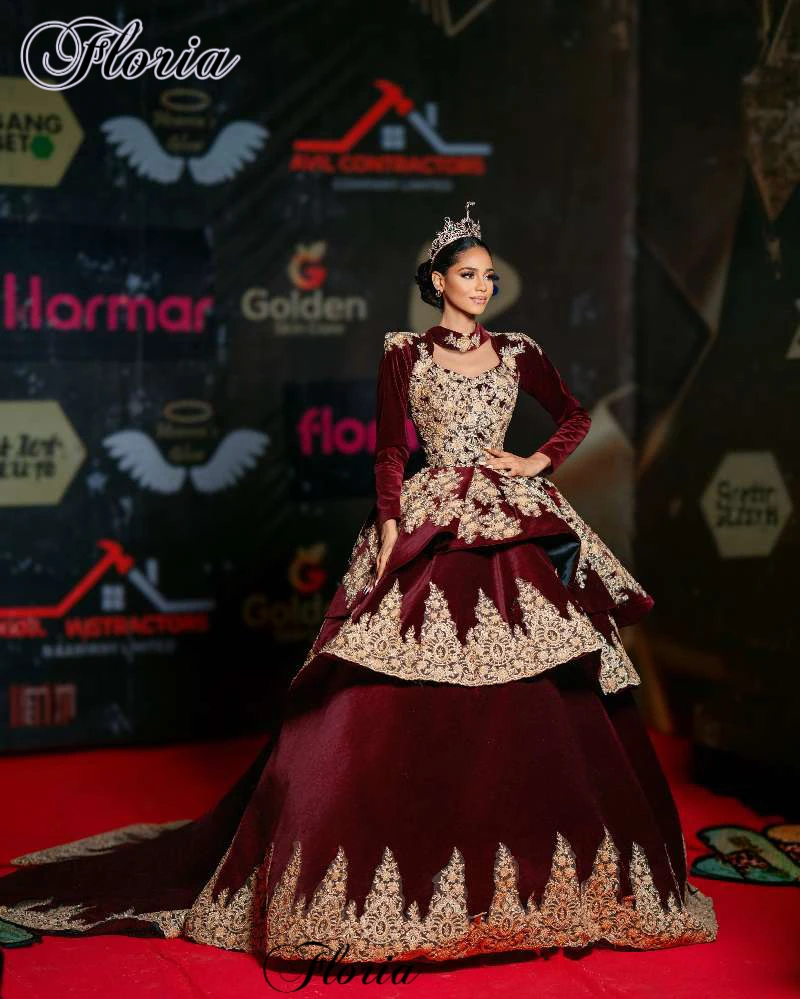 New Burgundy Velvet Celebrity Dresses With Appliques Arabic Long Sleeves Evening Dress Pageant Gowns Vestidos De Gala Customized