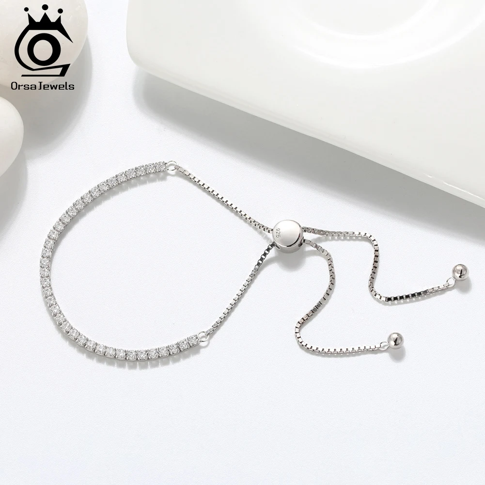 

ORSA JEWELS S925 Silver Sparkling 2MM Cubic Zirconia Bracelets Adjustable Female Fashion Tennis Bracelets Luxury Jewelry SB43