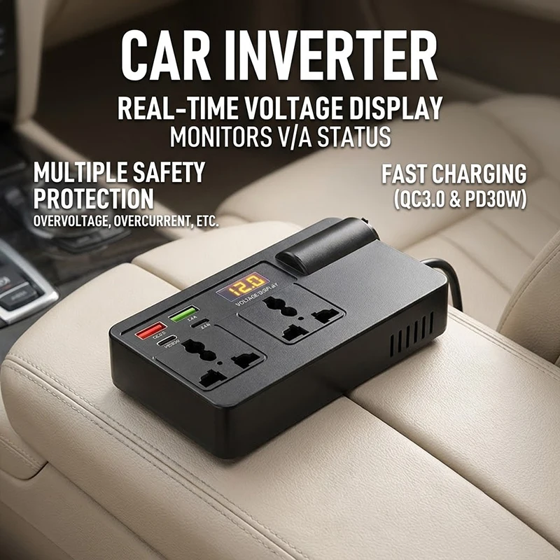 200W Multi-Port Car Inverter Adapter DC 12V to AC 220V Power Converter Digital Voltage Monitor QC3.0 PD30W USB Type-C AC Sockets