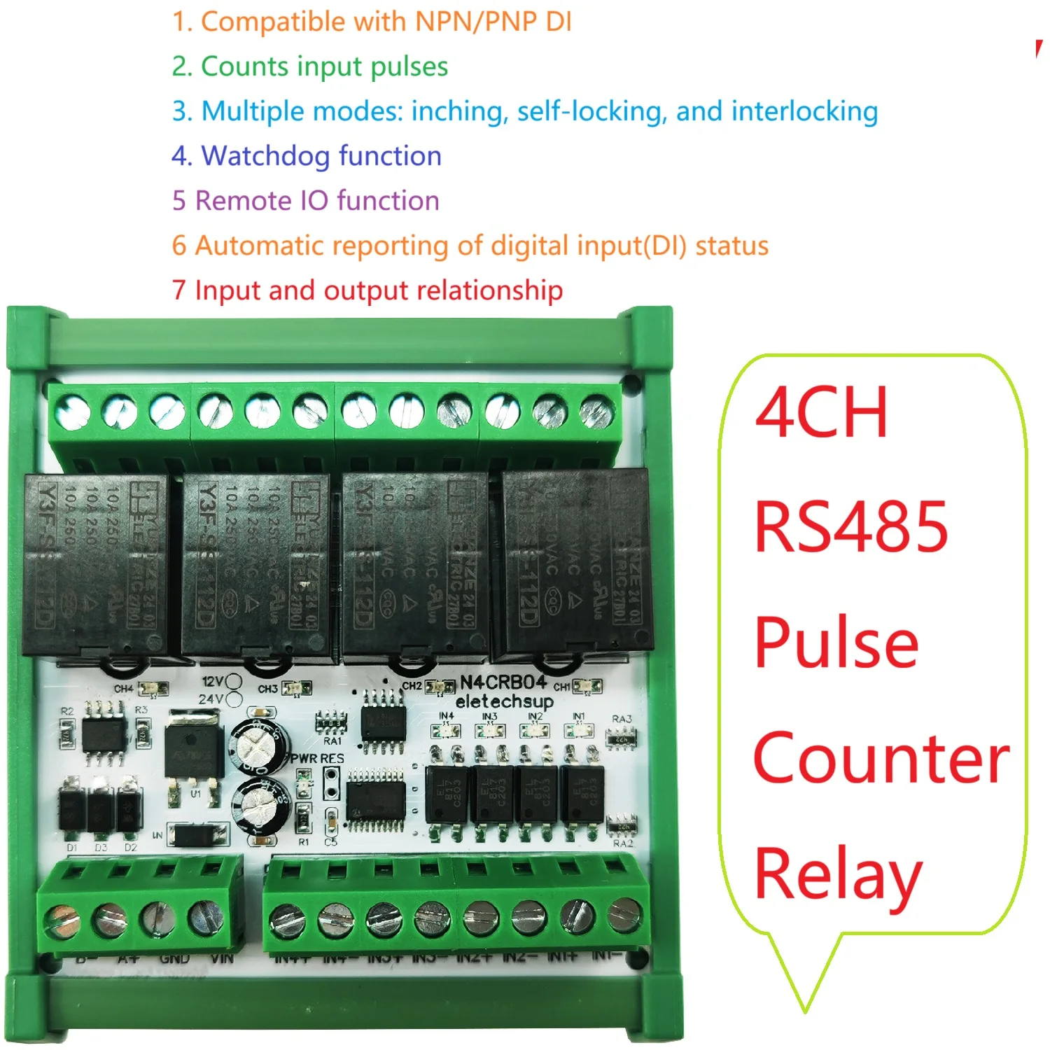4DI-4DO RS485 Modbus Relay Remote IO Expansion Board with Pulse Counter Monitor Micro Locking Interlock Delay Function