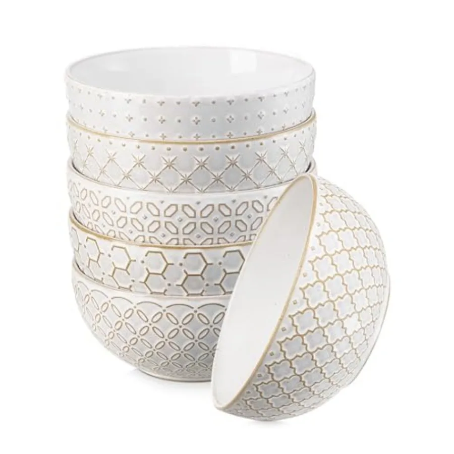 

Набор из 6 суповых мисок (26 унций), керамические миски для хлопьев, салатов, фо, фруктов, риса, 6 дюймов, с рельефным узором, большие декоративные миски для кухни