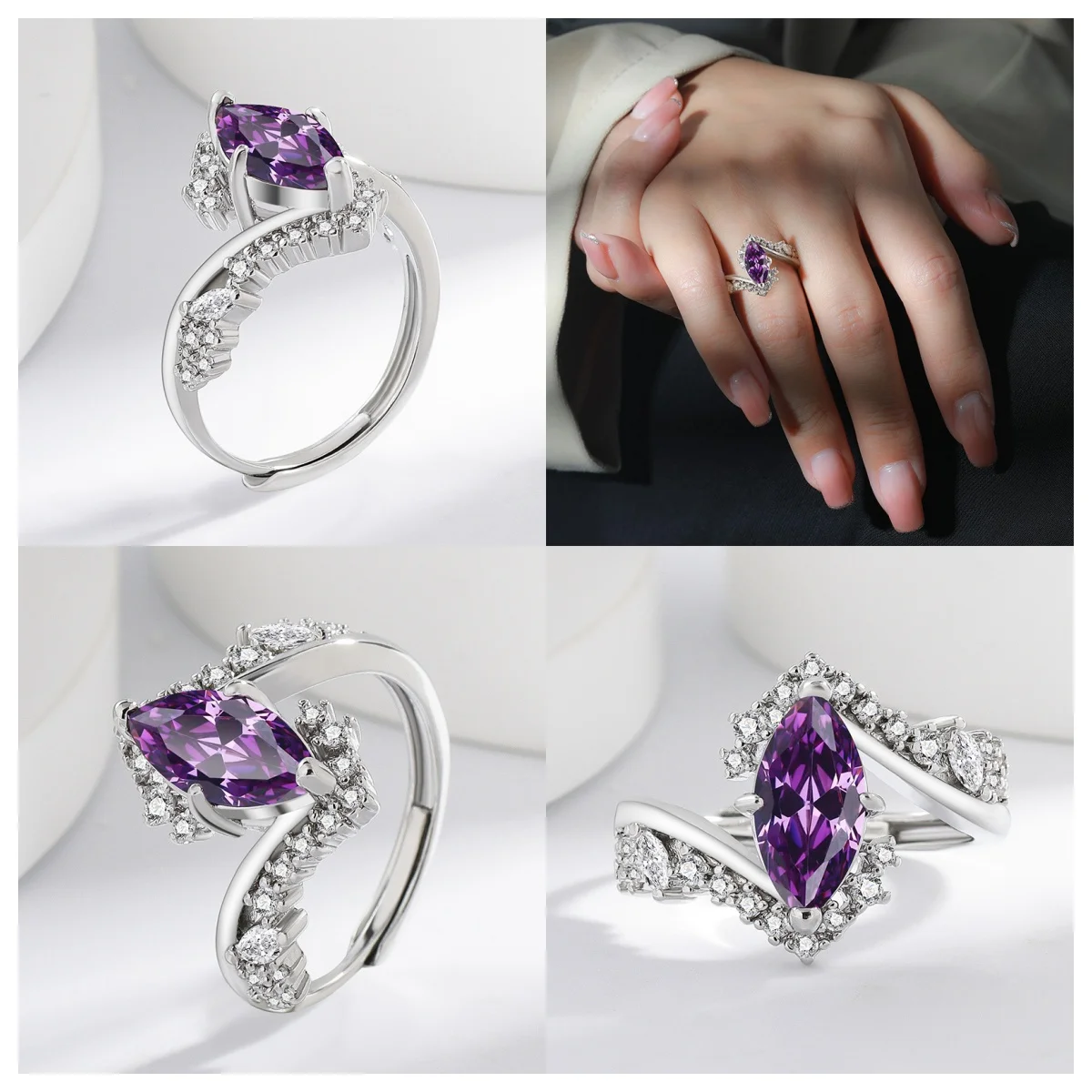 

Модное ювелирное изделие из стерлингового серебра 925 пробы с аметистом, конским глазом и цирконом, креативное женское кольцо с бриллиантами