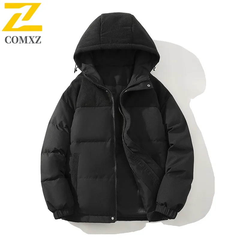COMXZ Corduroy Patchwork Down Jacket Unisex Hooded Short Puffer Coat Thickened Cold Proof Thermal waterproof Duck Down Coat 2025