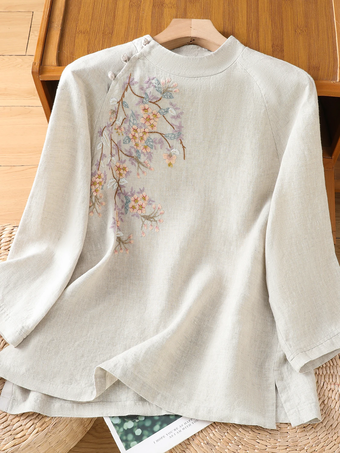 

Retro Heavy Embroidery Cotton Linen Shirt Women's Chinese Style Button up Top Summer Traditional National Style Tea Costume