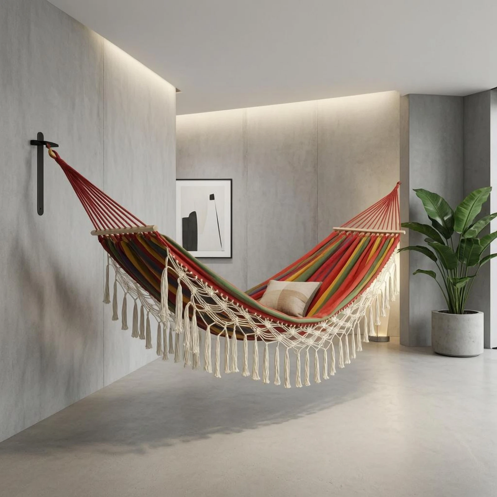 Double Hanging Lounger Wooden Spreader Rods Macrame Hanging Lounger Swing Bed Woven Canvas Outdoor Furniture Boho Design