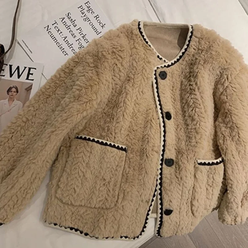 

Faux Lambswool Jacket Women Single-Breasted Furry Velvet Elegant Warm Outwear Fashion Fur Pocket Cropped Office Lady Tops