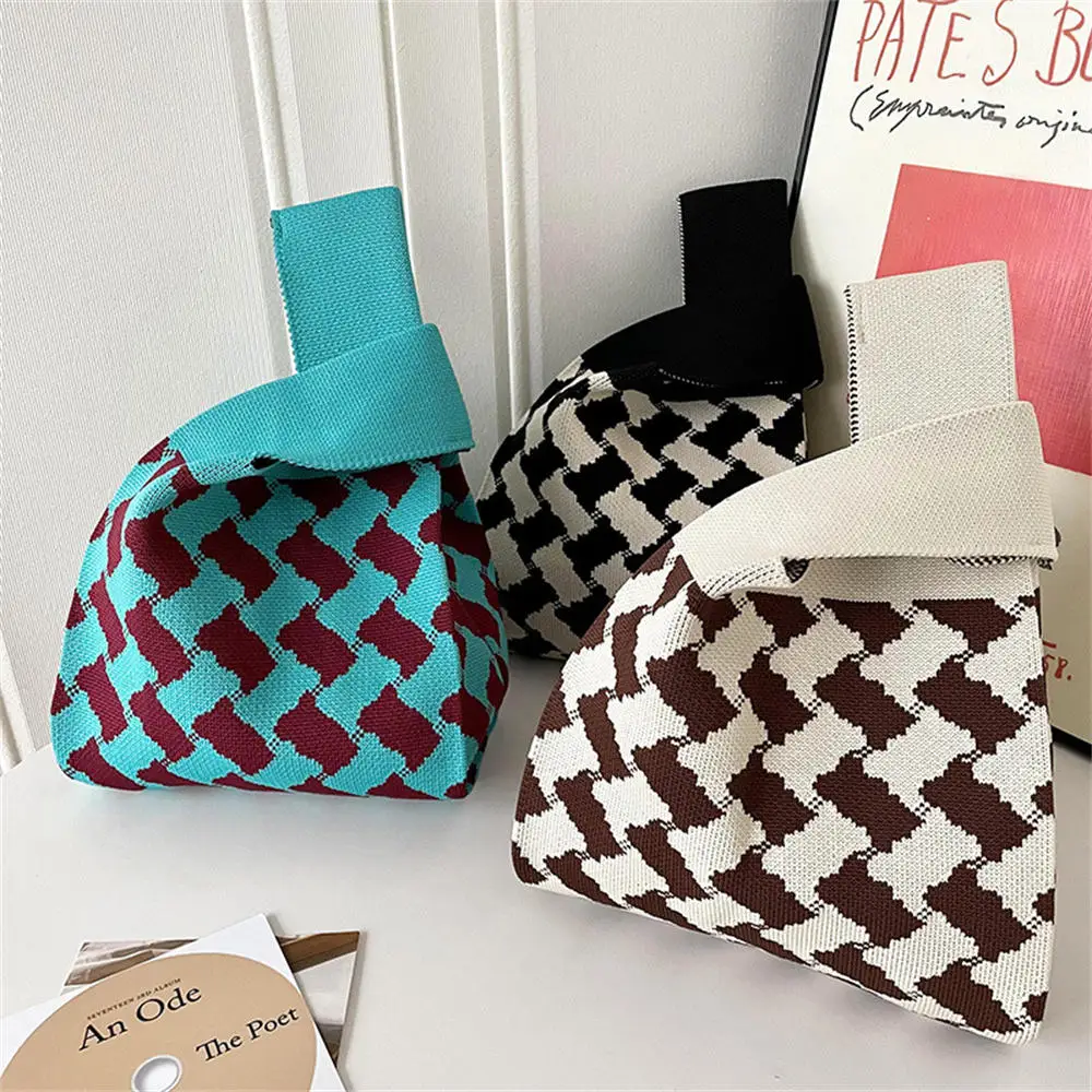 Handmade Knit Handbag Women Mini Knot Wrist Pouch Japanese Casual Color Wide Stripe Plaid Tote Bag Student Reusable Shopping Bag