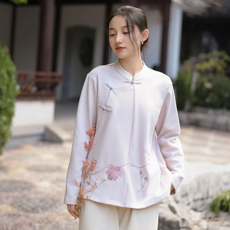 New Chinese Women's Autumn Winter People Sweatshirt Women Chinese Style Vintage Embroidery Slant Lapel Top Design Coat Soft