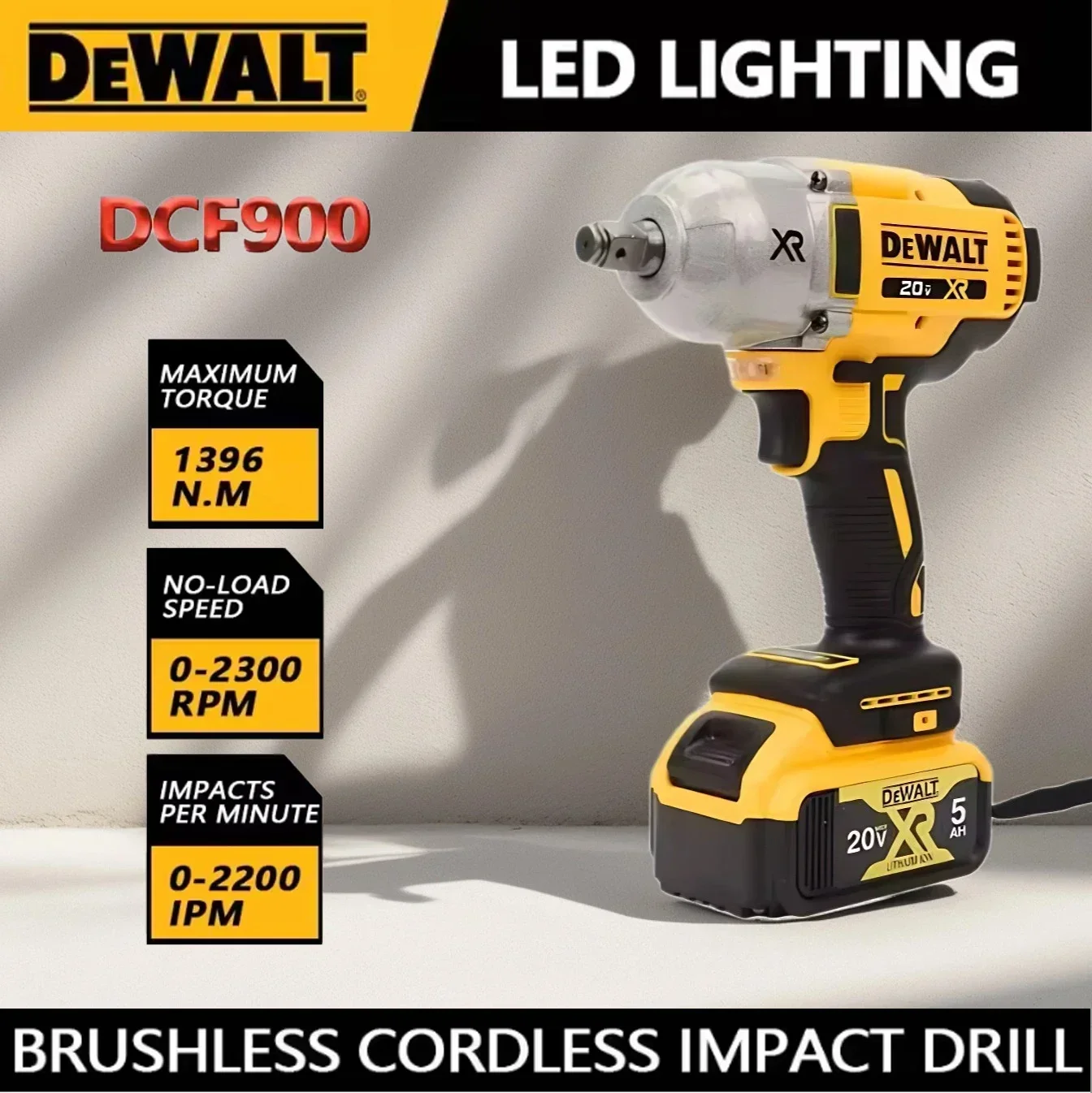 DEWALT DCF9001/2 بوصة مفتاح ربط عزم دوران عالي بدون فرش، آمن ومتين، سرعة بدون تحميل 0-2300 دورة في الدقيقة، بطارية ديوالت 20 فولت