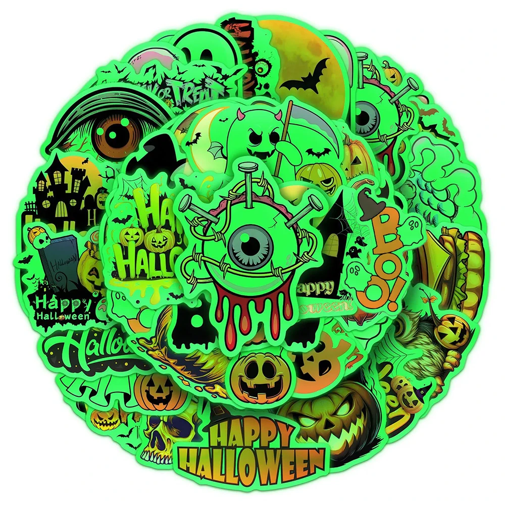 

10/30/50pcs Horror Halloween Luminous Stickers Waterproof Graffiti DIY Water Bottle Phone Laptop Cartoon Ghost Decals Decoration