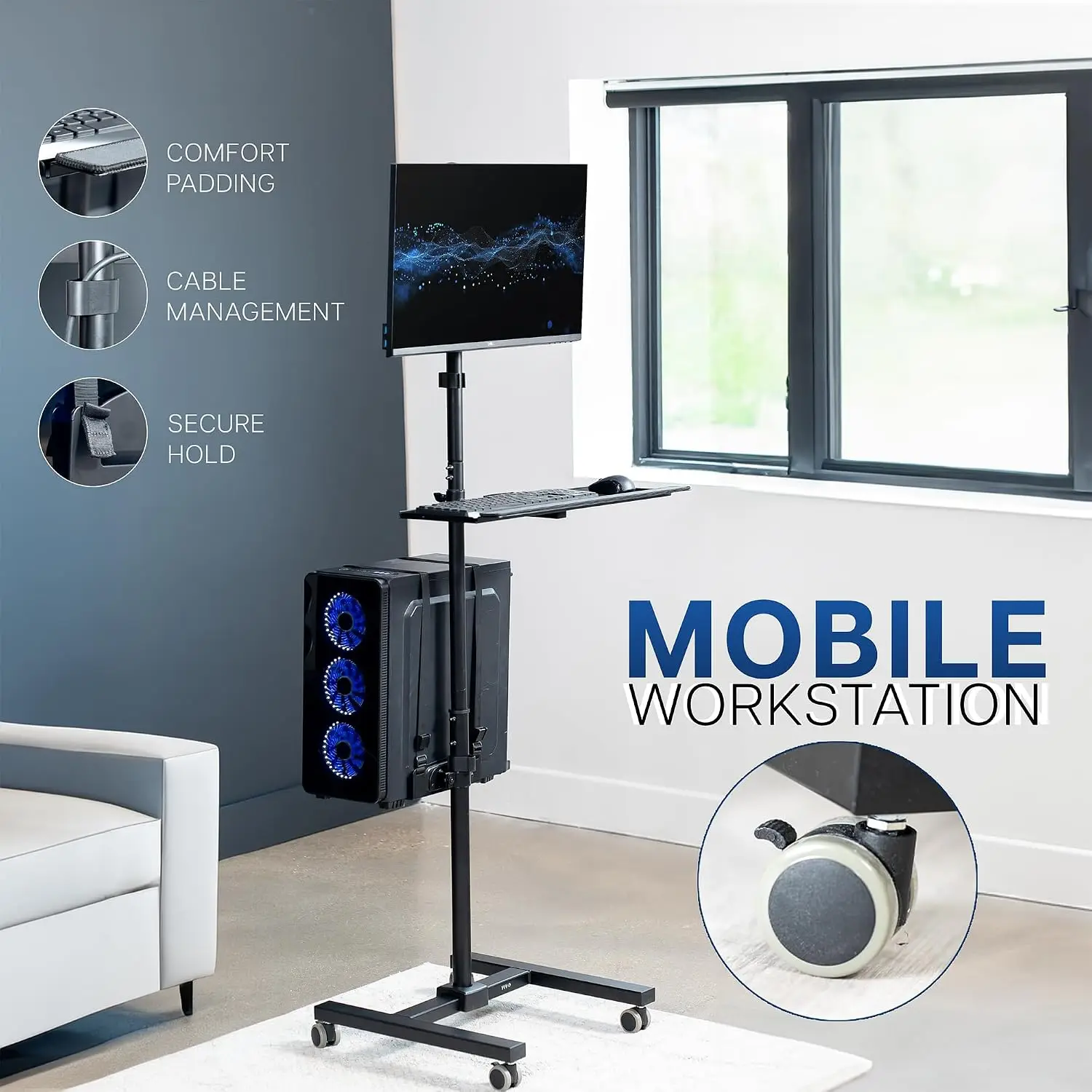 Black Rolling Computer Cart With Monitor Mount For 17 To 32 Inch Screens, Portable PC Desk Workstation, Full Keyboard Tray, Adjustable CPU Holder, Rolling Mobile Office Cart Set view 2