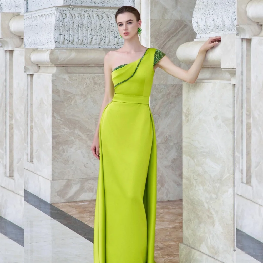 Sexy Satijnen Plooi Lovertjes Rechte One-Shoulder Lange Jurken Quinceanera Jurken Pastrol Chinese Stijl Retro Exquise Matching