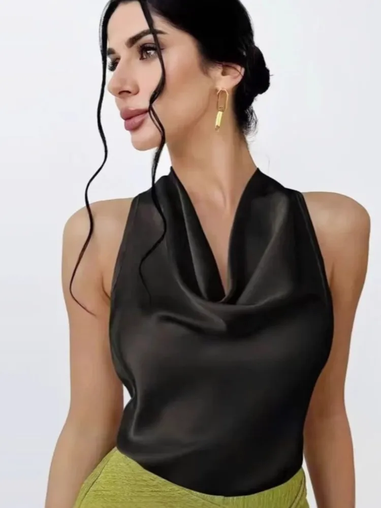 サテンホルターベスト レディース 夏新作 セクシー ノースリーブ ルーズ 無地 バックレス ボタン スリムトップ 女性用服 セクシーな女性用服