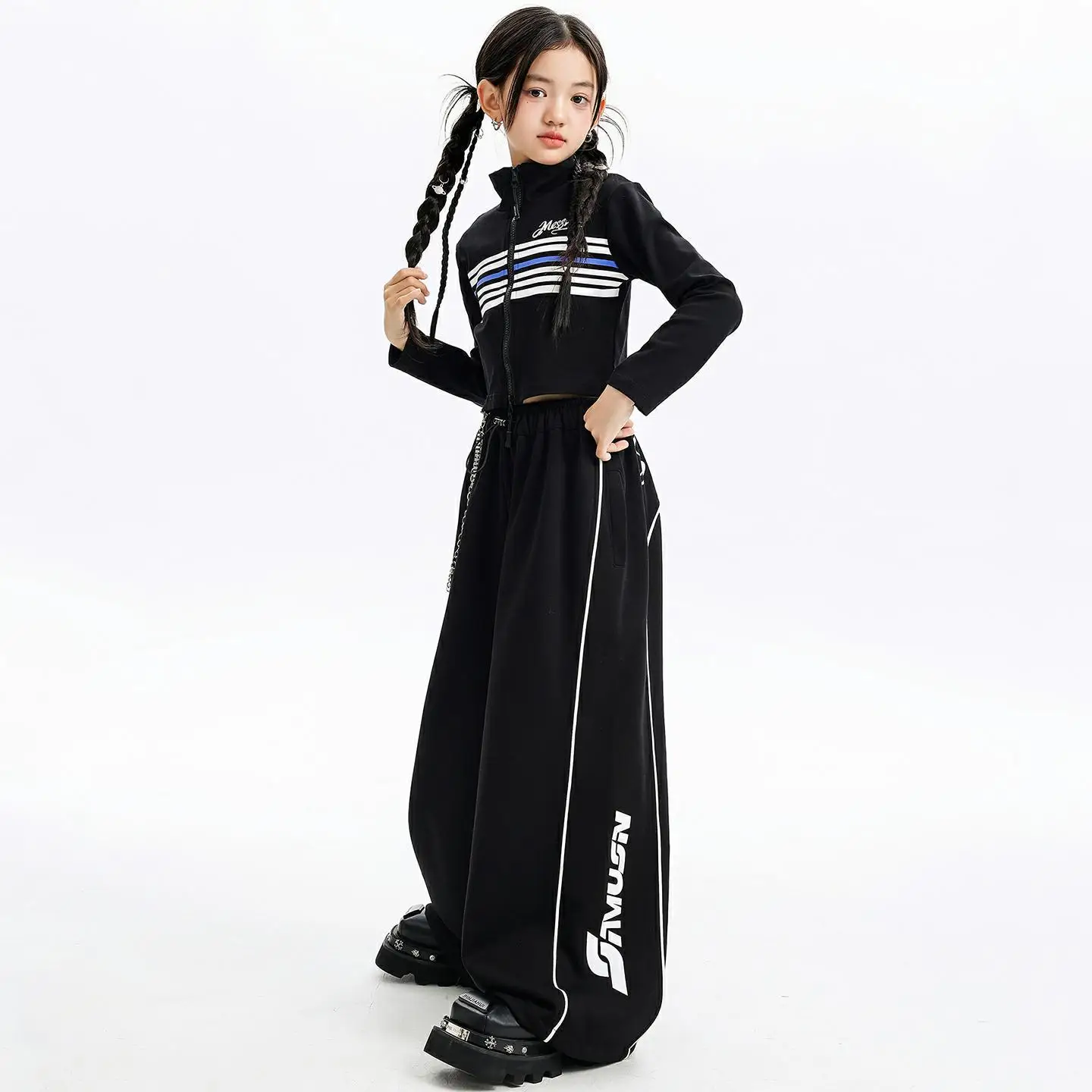 Ropa de Hip Hop Kpop para chico, camiseta corta a rayas negras con cremallera y cuello simulado, pantalones de chándal anchos informales para niña, ropa de traje de baile