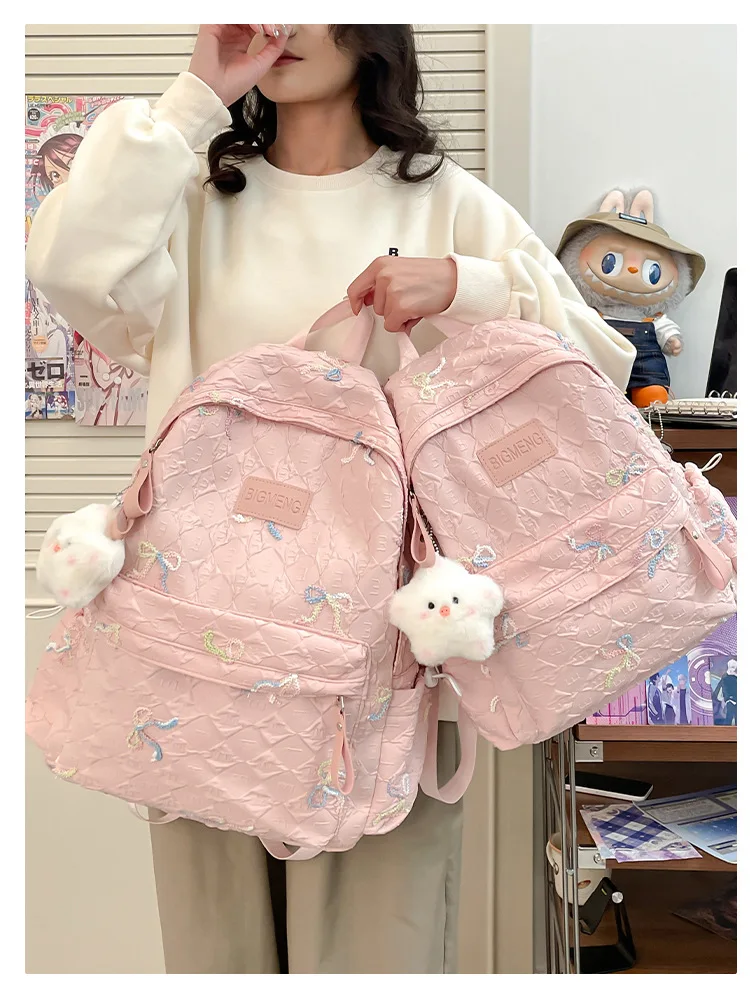 Colorful Bow Full Print Ruched Fabric Backpack Four Colors Available Large Capacity Girls Junior High High School School Bag