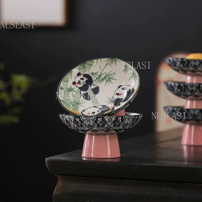 

High Footed Small Fruit Platter Household Living Room Snack Candy Plate Chinese Style Underglaze Color Dessert Plate Tableware