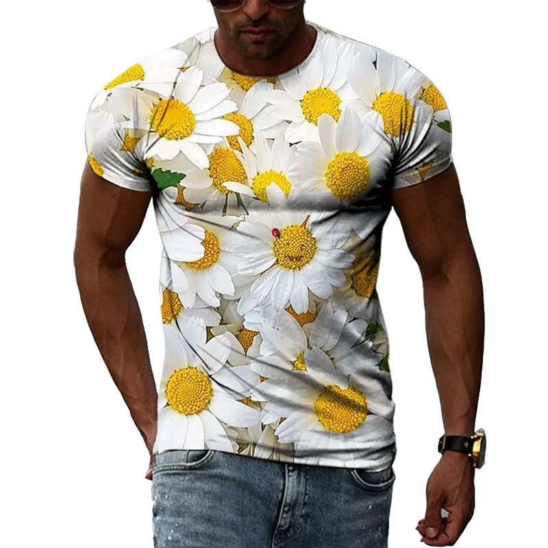 Summer Men\'s Flower Pattern Printed T-Shirt Hip-Hop Element Trend Round Neck Tees Seasonality Fashion Handsome Short Sleeve Tops