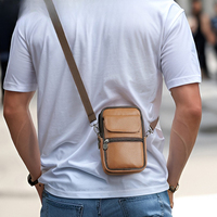 Men real leather shoulder backpack wear belt waist hanging purse diagonal cross square mobile phone bag