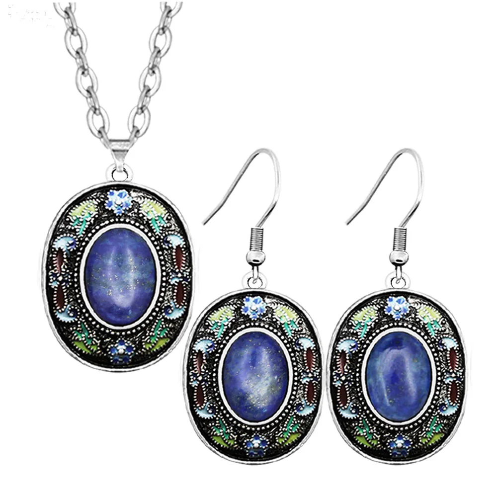 Vintage Natural Jades Sets For Women Real Silver Plated Painting Pendant Necklace Earring Lapis Tiger Eye Stone Fashion Jewelry