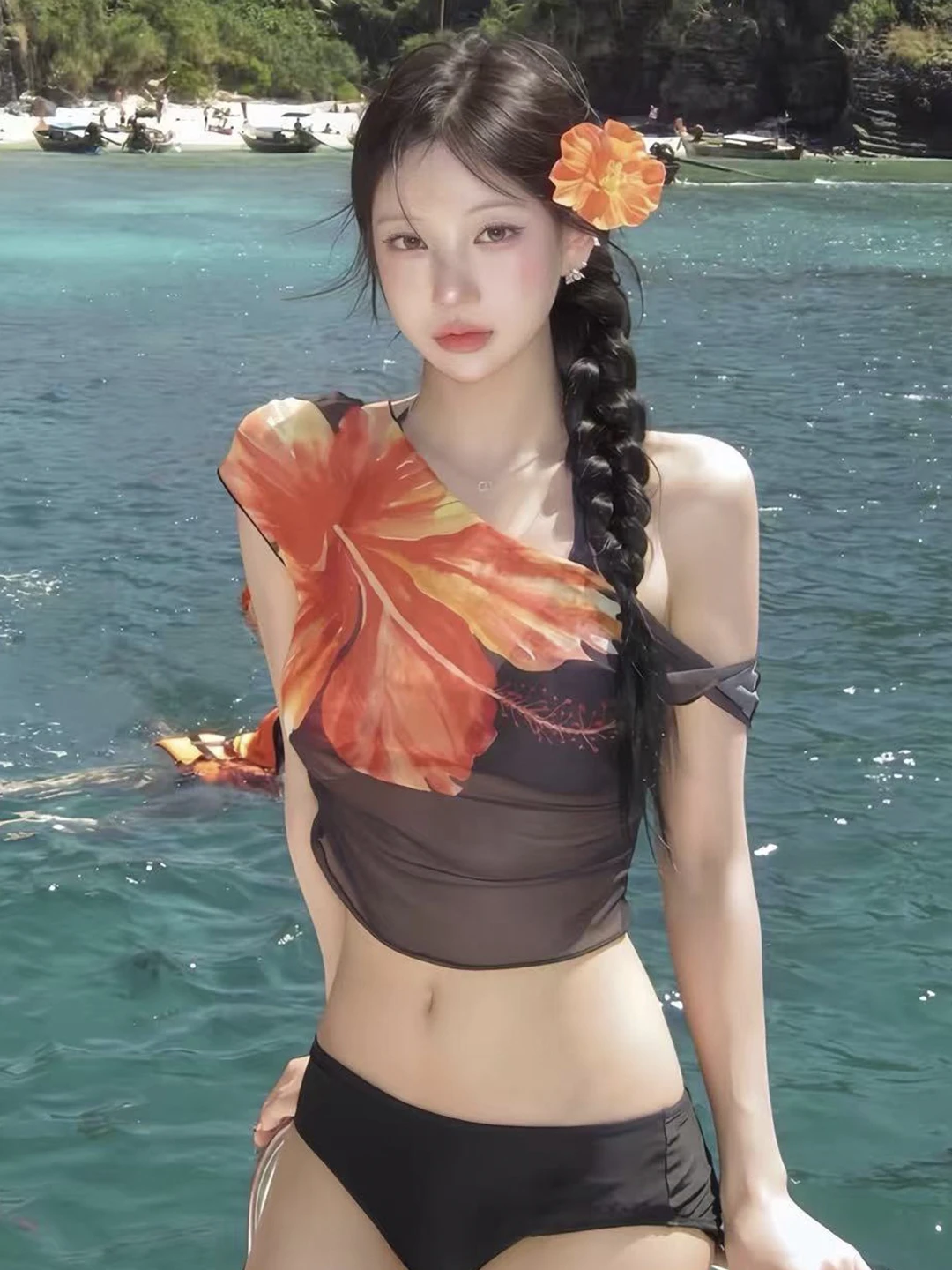 

Сексуальный комплект бикини с принтом, женский купальник из трех предметов, для небольшой груди, в стиле для пляжного отдыха, раздельный купальный костюм