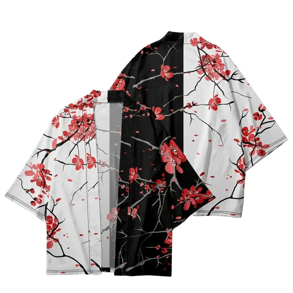

Traditional Japanese Clothing Kimono Men's and Women's Haori Cardigan Red Flower Printed Yukata, Black and White Beach Cardigan