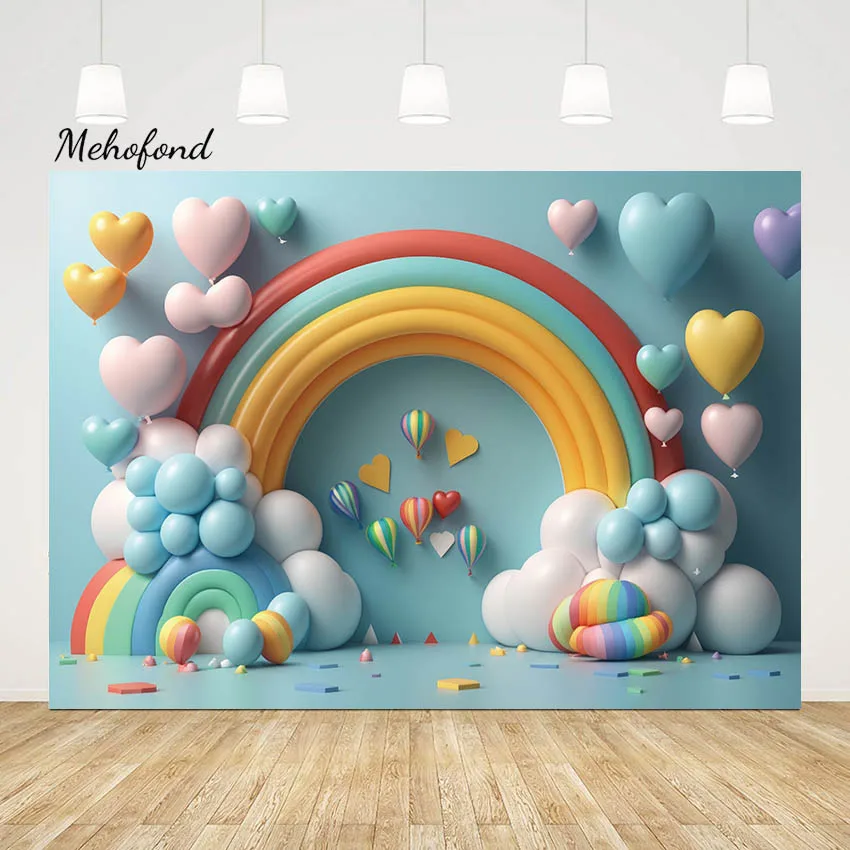 

Mehofond Photography Backdrop Pink Love Heart Rainbow Balloon for Newborn Birthday Party Decor Photo Background Studio Props