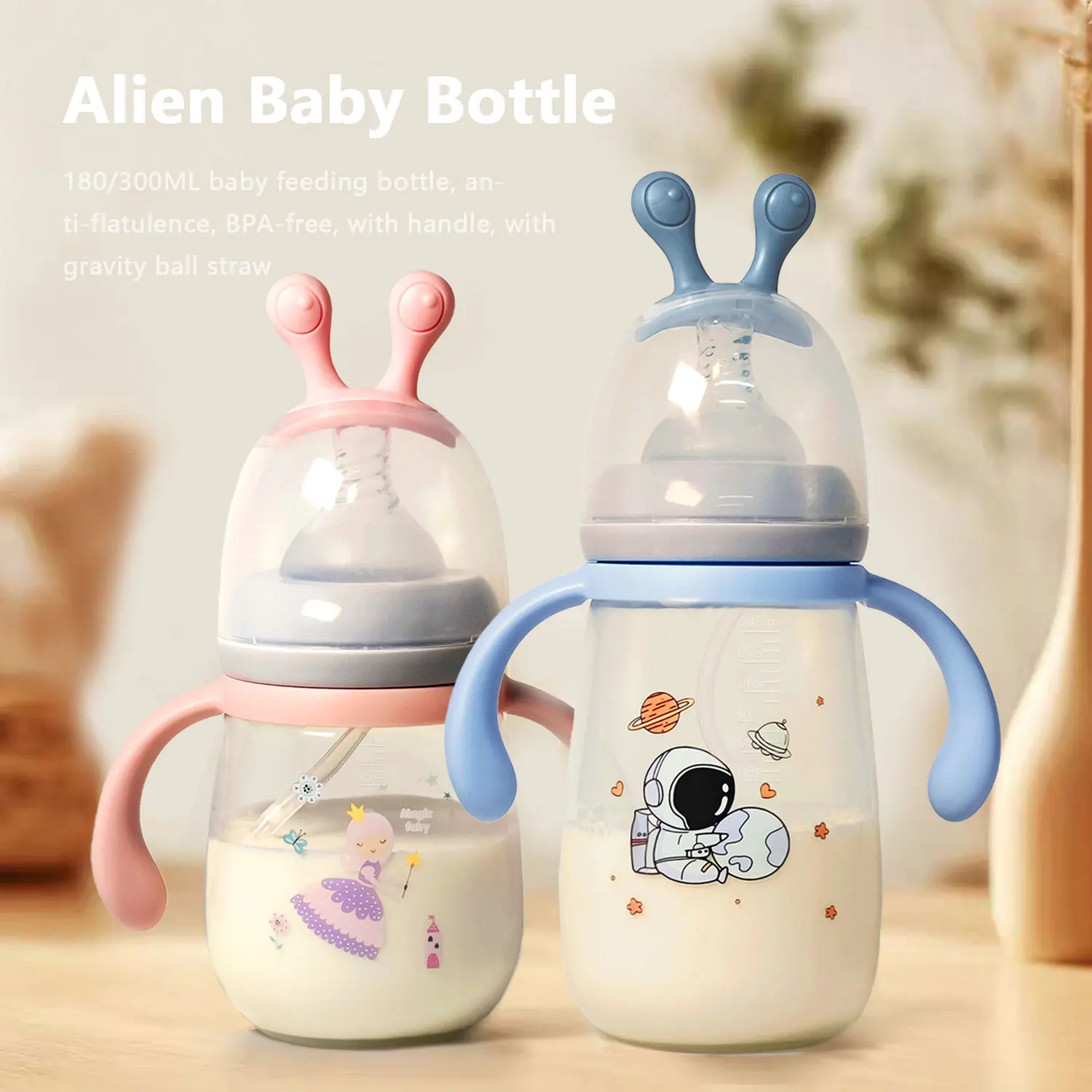 

1PC Snail-Shaped Baby Bottle, 180ml/300ml Wide Neck PP Feeding Bottle with Handle, BPA-Free Cartoon Print