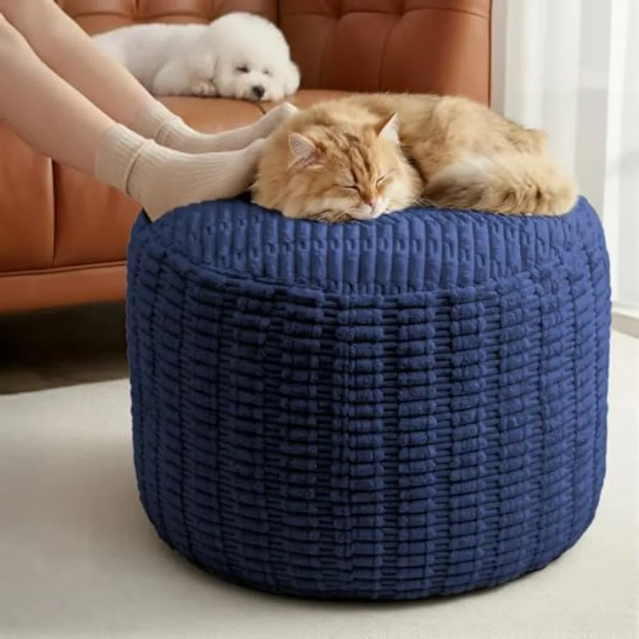 

Living room pouf ottoman in corduroy fabric, beige color, ultra-soft foam filling for foot rest, storage and relaxation, 20 x 1